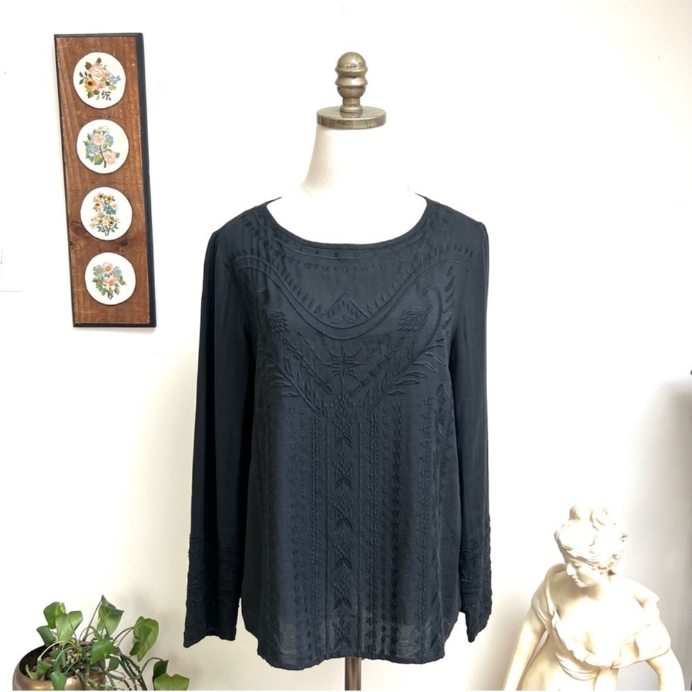 Anthropologie Odd Molly Black Embroidered Boho Festival Long Sleeve Shirt size M